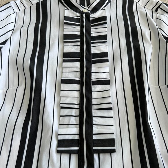 Ann Taylor Black White Striped Ruffle Long Sleeve Cotton Shirt/Blouse/Top Size 6 - Picture 4 of 9